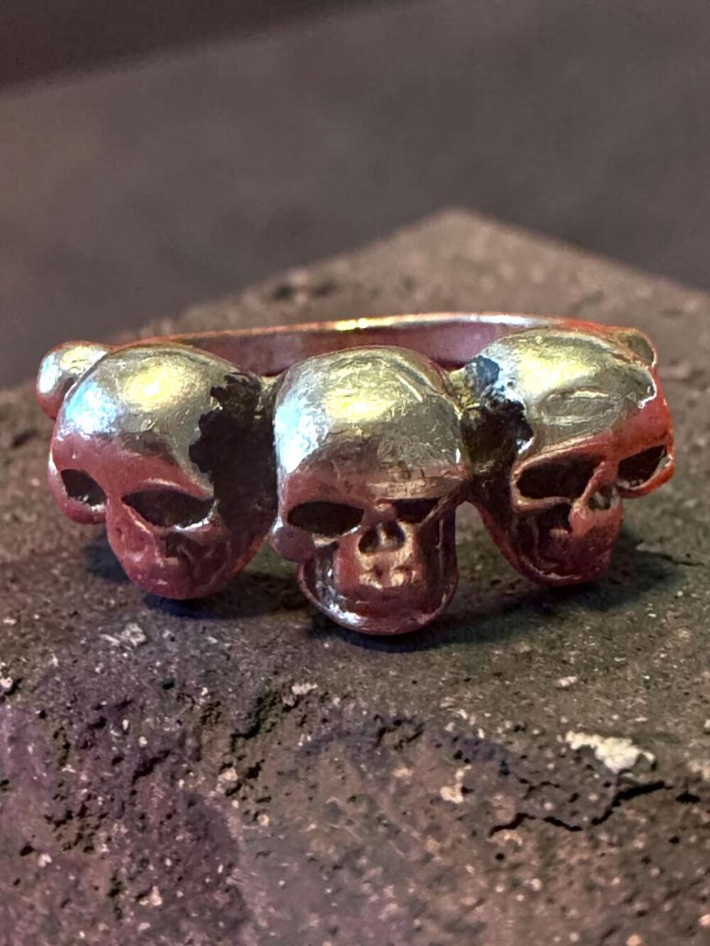 Vintage Skull Design Metal Ring Three Skulls Band Unique Goth Jewelry Antiqued F